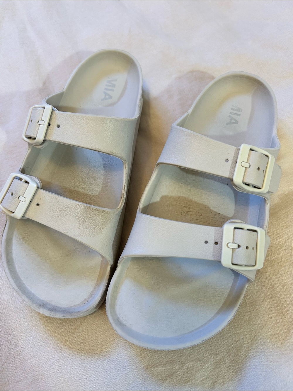 MIA Woman Double-Buckle Slide Sandals in White